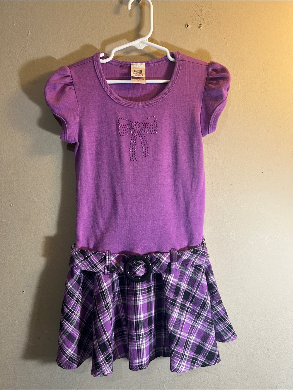 Faded Glory Purple Puff-Sleeve Bow Knit Top with Plaid Skirt Girls Size 6